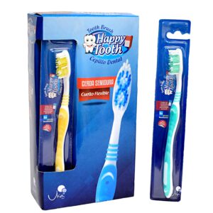Cepillo dental adulto Happy Tooth Uka Int. Ecosum distribuidor autorizado Colombia. Cepillo ergonómico con goma antideslizante, limpiador de lengua y cerdas medias de nylon. Venta mayorista y minorista.