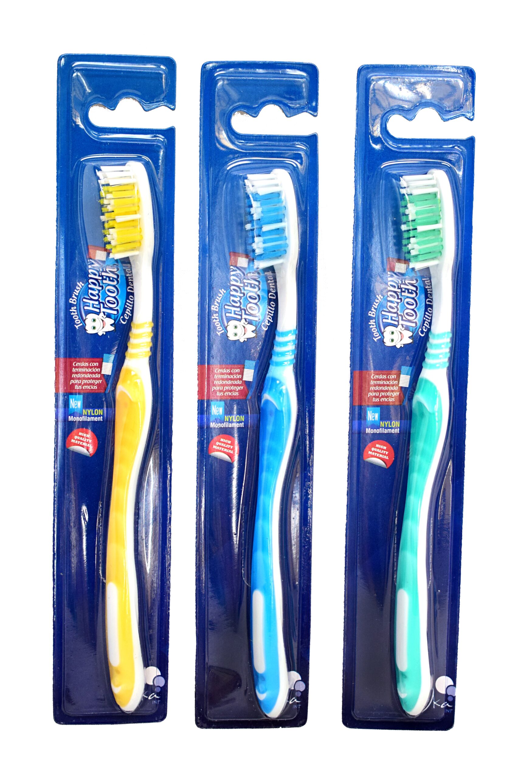 Cepillo dental adulto Happy Tooth Uka Int. Ecosum distribuidor autorizado Colombia. Cepillo ergonómico con goma antideslizante, limpiador de lengua y cerdas medias de nylon. Venta mayorista y minorista.