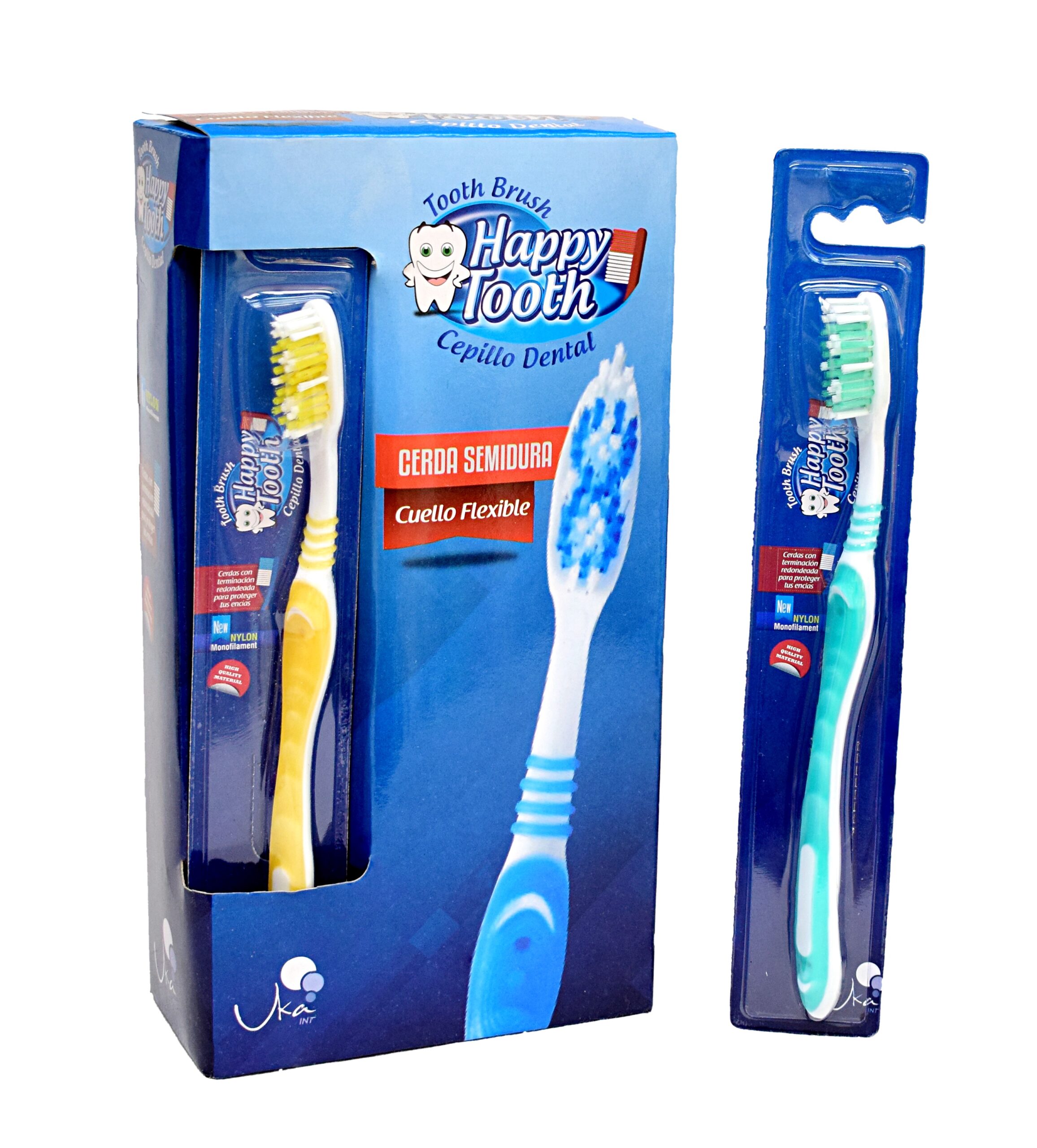Cepillo dental adulto Happy Tooth Uka Int. Ecosum distribuidor autorizado Colombia. Cepillo ergonómico con goma antideslizante, limpiador de lengua y cerdas medias de nylon. Venta mayorista y minorista.