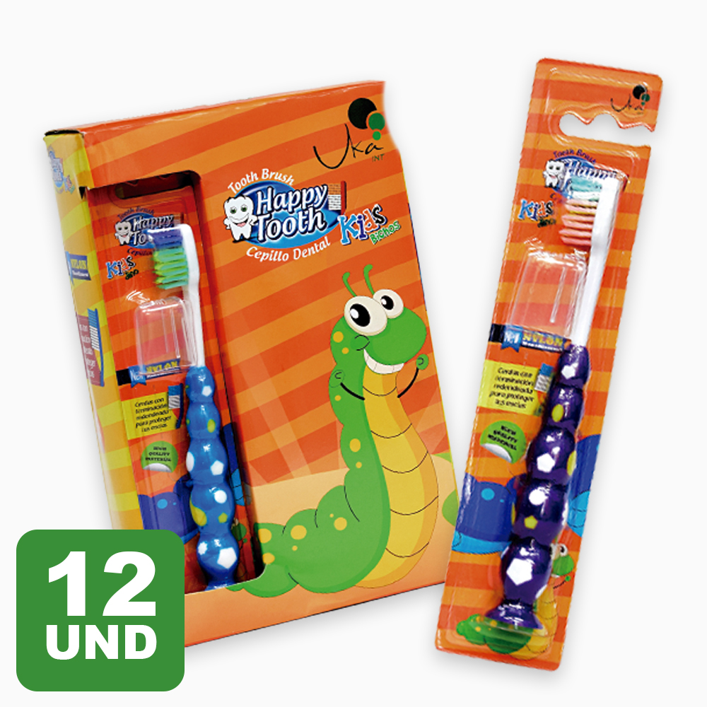 Cepillo dental para niño Uka Kids con mango en forma de oruga, colores surtidos azul, rojo, morado y verde. Ecosum distribuidor autorizado Uka Int Colombia. Venta mayorista y minorista.